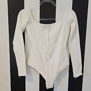 White Ribbed Long Sleeve Bodysuit